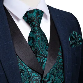 Lake Blue Paisley Black Collar Vest Tie Hanky Cufflinks Set