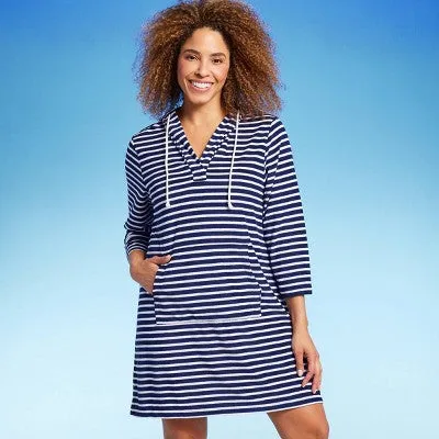 Lands' End Women's Striped V-Neck Terry Hooded Swimsuit Cover Up - Navy