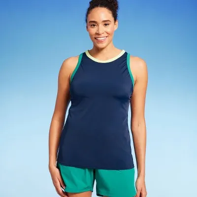 Lands' End Women's UPF 50 High Neck with Binding Tankini Top - Navy Blue S