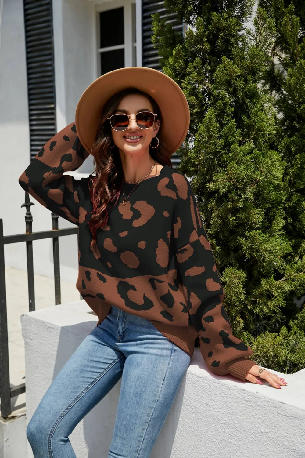 Leopard Ribbed Trim Dropped Shoulder Sweater