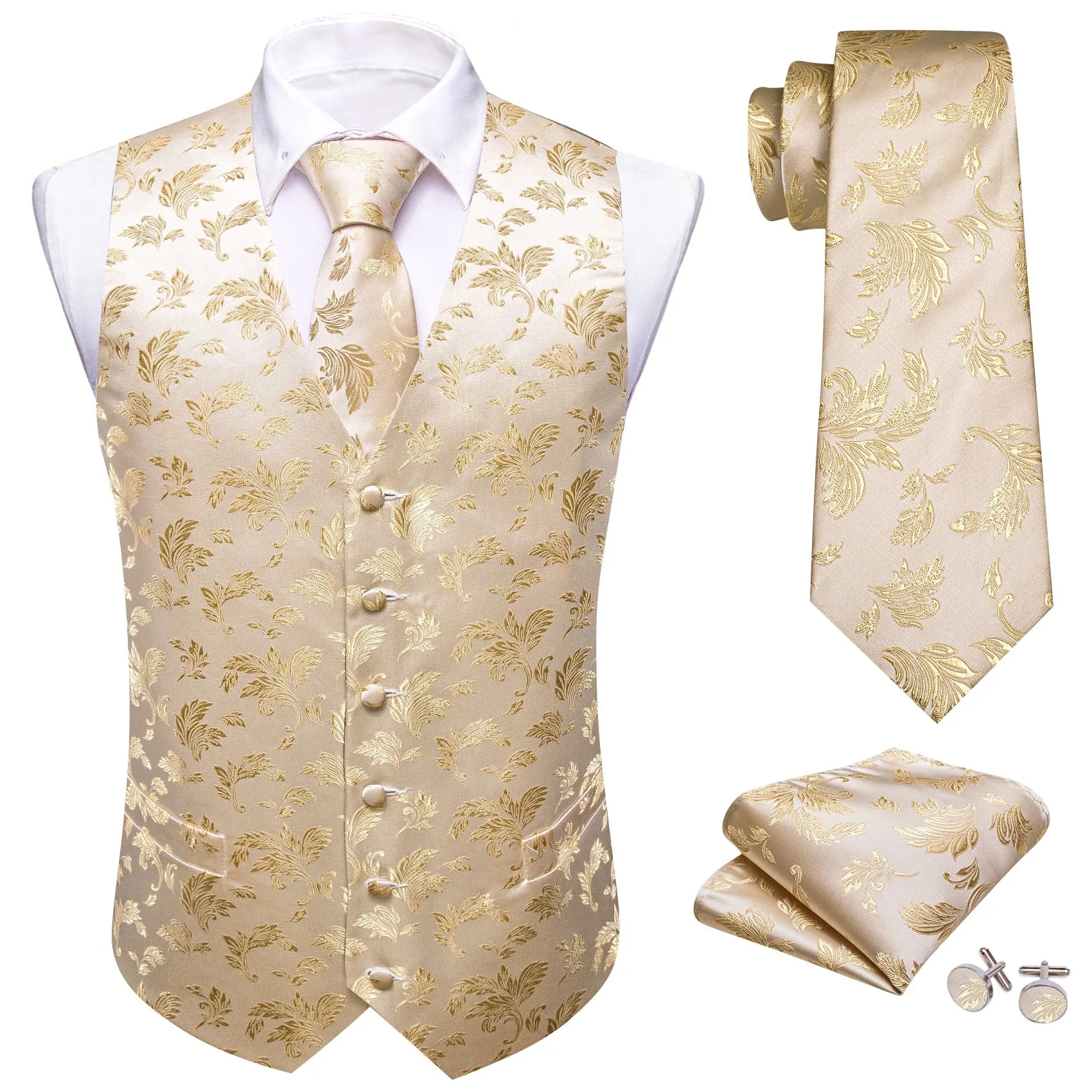 LightGoldenrodYellow Little Flower Silk Men's Vest Necktie Set Waistcoat Suit Set