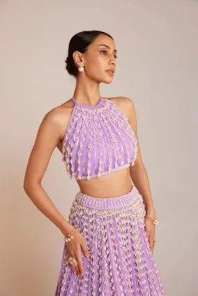 Lilac Chandelier Pearl Halter Neck Crop Top Skirt Set