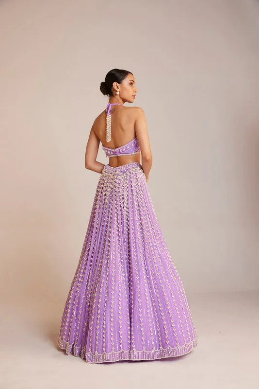 Lilac Chandelier Pearl Halter Neck Crop Top Skirt Set