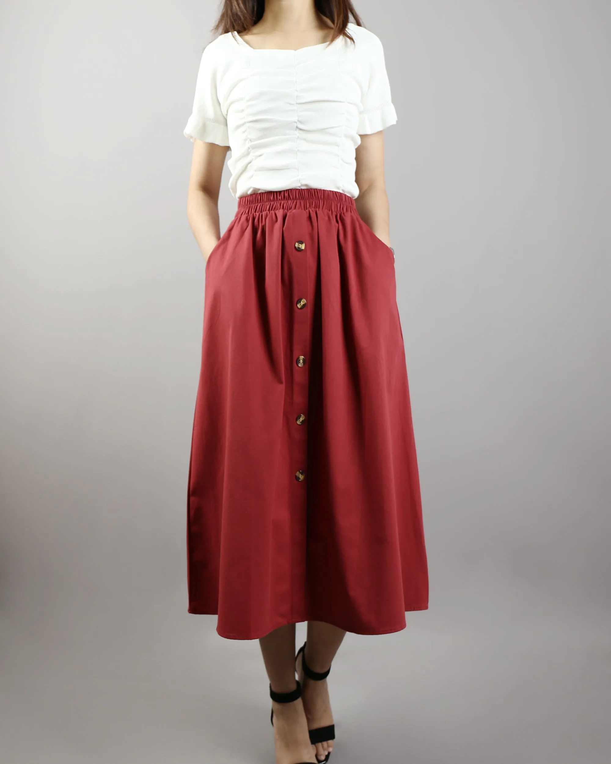 Linen skirt/Midi skirt/A-line skirt/summer skirt/elastic waist skirt/high waist skirt/skirt with pockets (Q0001)