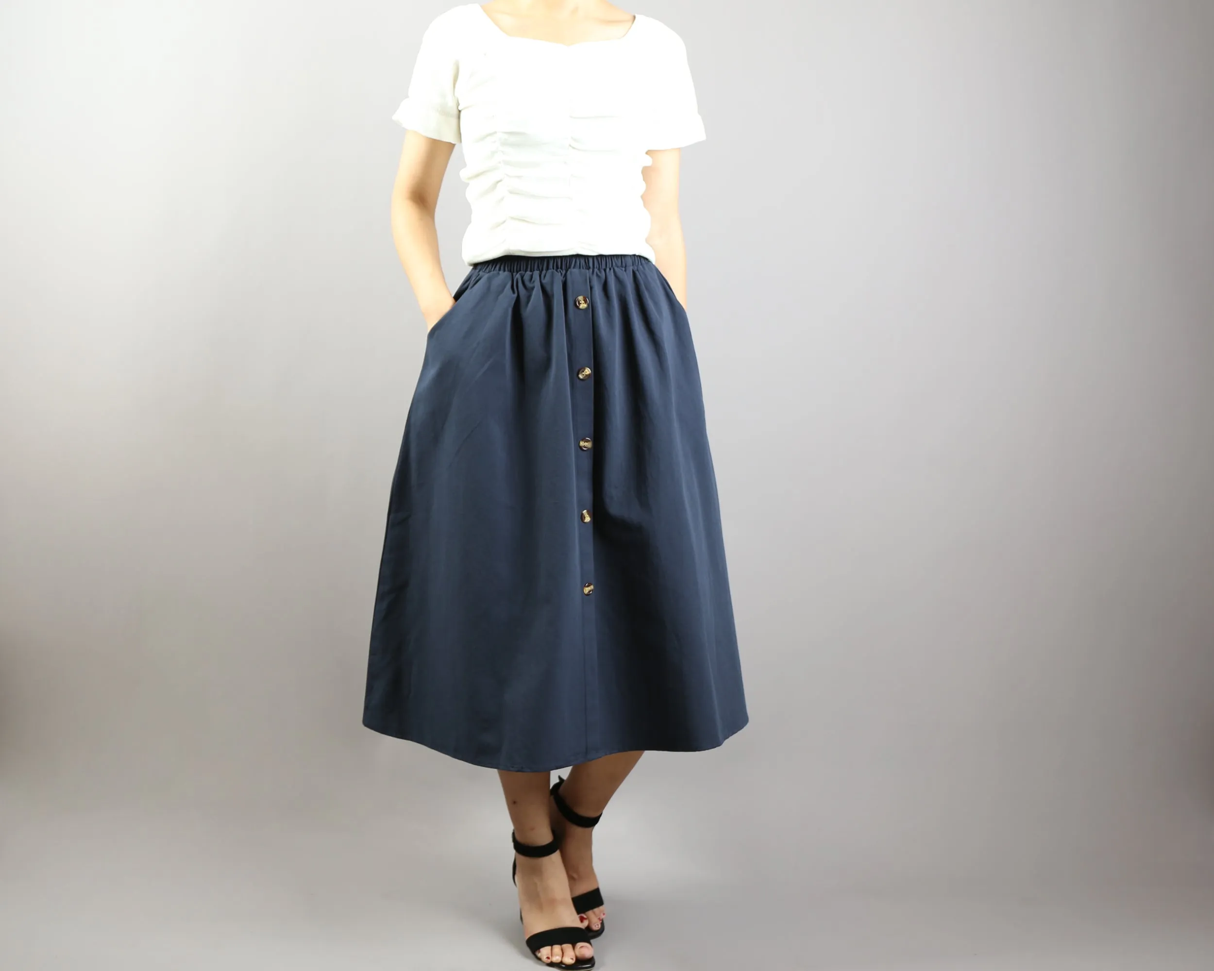 Linen skirt/Midi skirt/A-line skirt/summer skirt/elastic waist skirt/high waist skirt/skirt with pockets (Q0001)