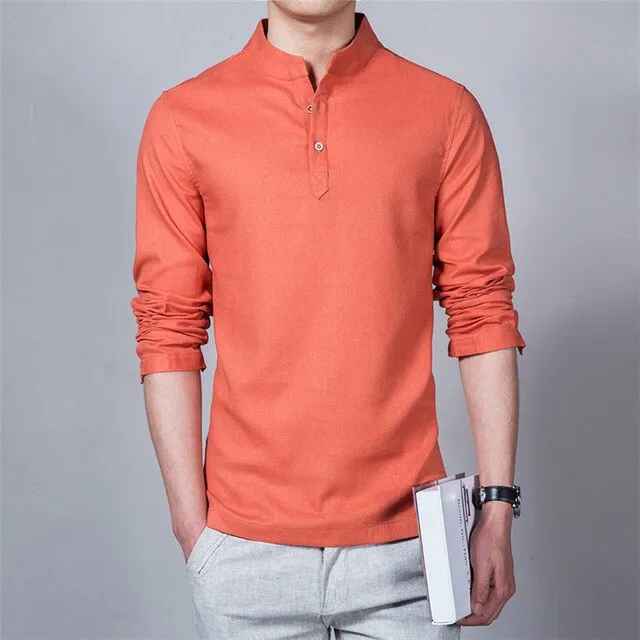 Linen Stand Up Collar Long Sleeve Shirt