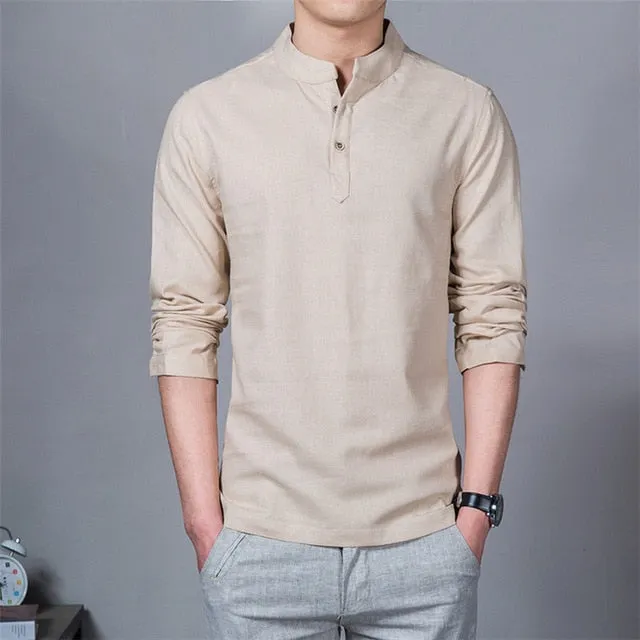 Linen Stand Up Collar Long Sleeve Shirt