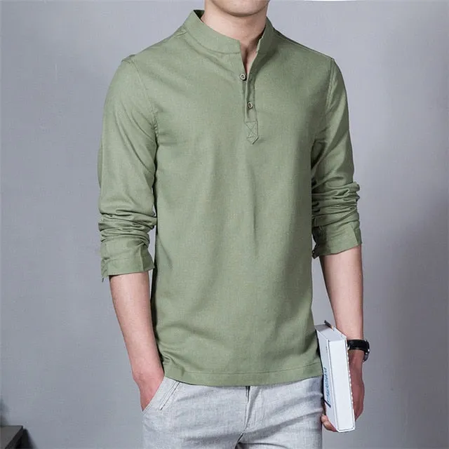 Linen Stand Up Collar Long Sleeve Shirt