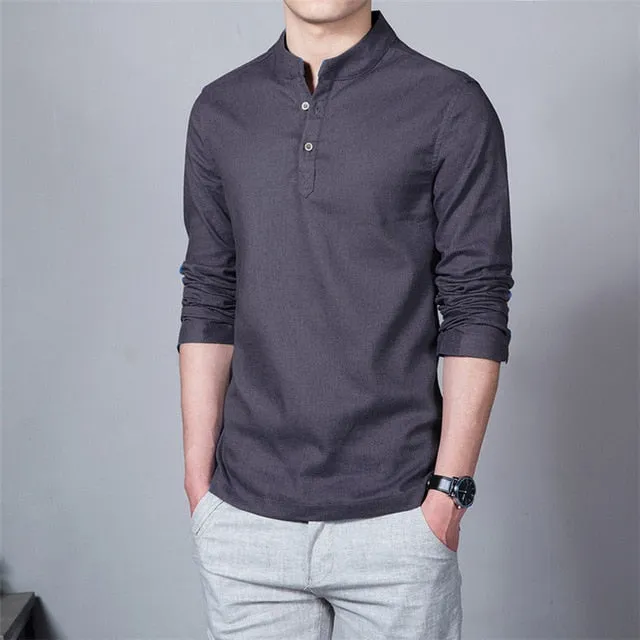 Linen Stand Up Collar Long Sleeve Shirt