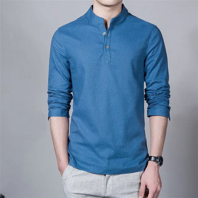 Linen Stand Up Collar Long Sleeve Shirt