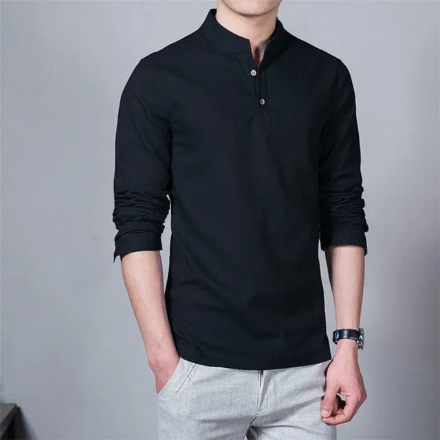 Linen Stand Up Collar Long Sleeve Shirt