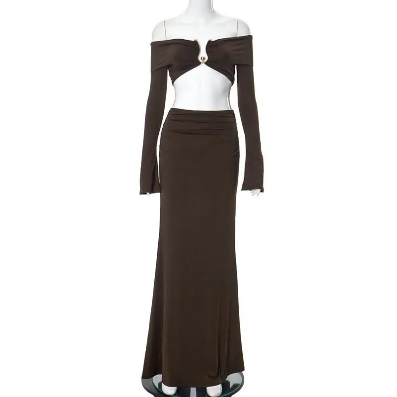 Long sleeve off shoulder metal applique slit ruched maxi skirt set