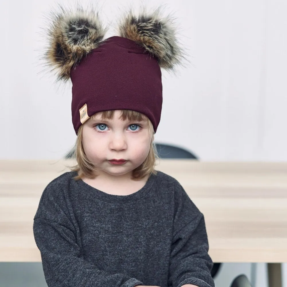 Lox Lion Double Pom Pom Bamboo Beanie - Burgundy (XS, 0-3 Months)