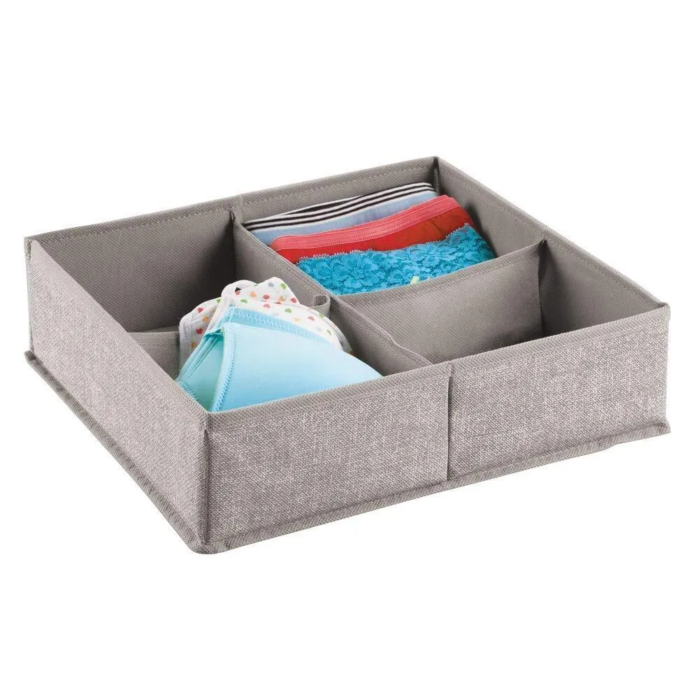 mDesign Soft Fabric Dresser Drawer and Closet Storage Organizer Bin for Lingerie, Bras, Socks, Leggings, Clothes, Purses, Scarves - Divided 4 Section Tray - Textured Print, 2 Pack - Linen/Tan