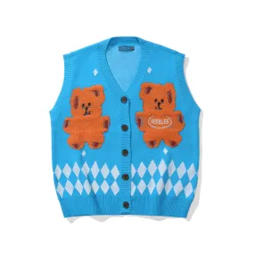 Men Sweater Vest Cartoon Bear Embroidery Knitted Cardigan Vest Men's BF Idle Style Loose Sleeveless Sweater Vest