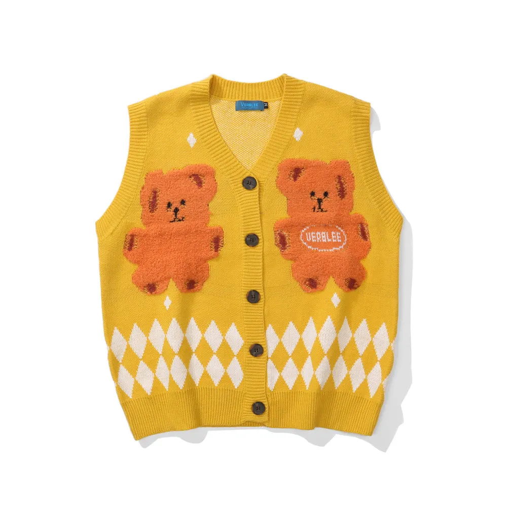 Men Sweater Vest Cartoon Bear Embroidery Knitted Cardigan Vest Men's BF Idle Style Loose Sleeveless Sweater Vest