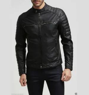 Men's  Black Stylish Slim Fit Genuine Lambskin Real Leather Biker Jacket