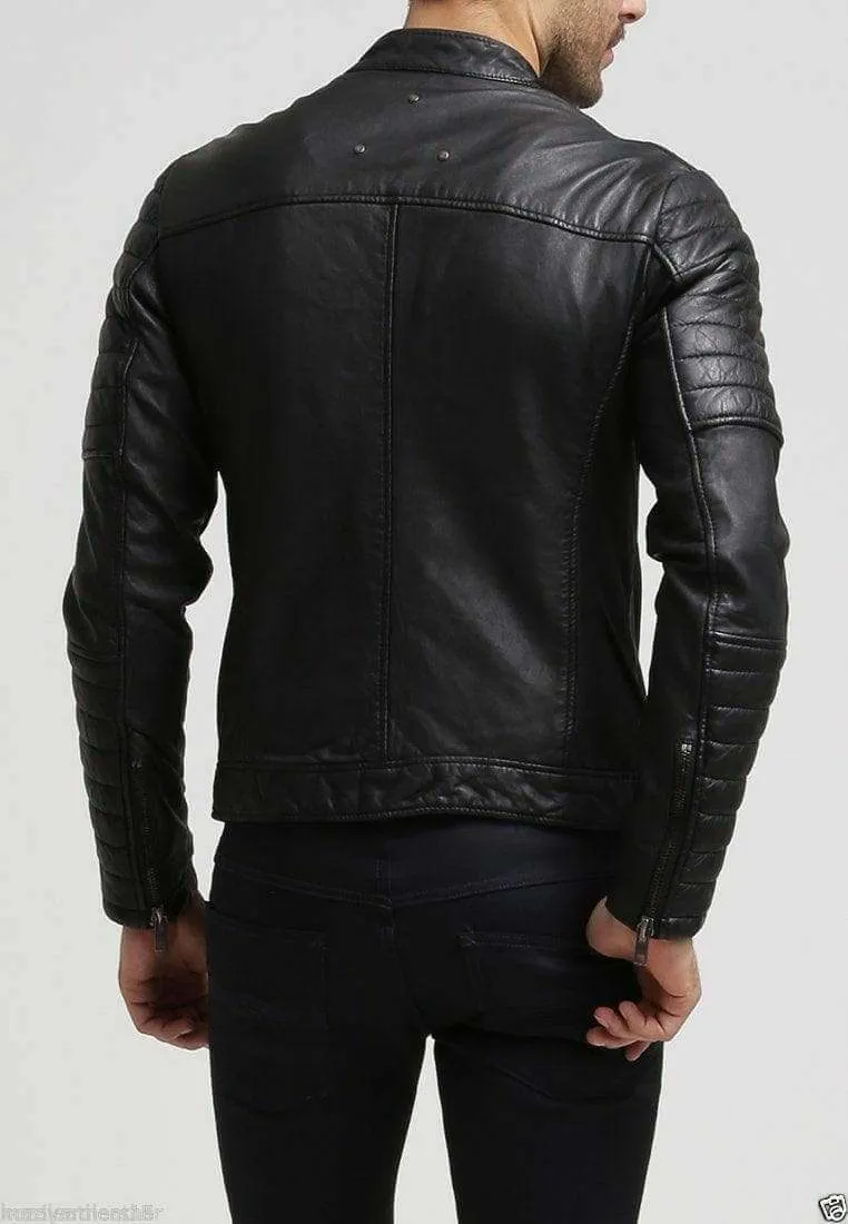 Men's  Black Stylish Slim Fit Genuine Lambskin Real Leather Biker Jacket