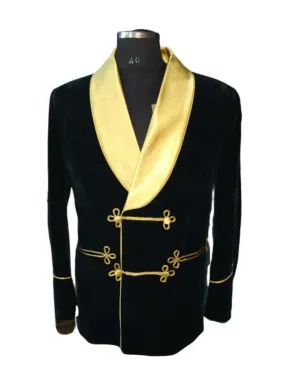 Men's Elegant Green Velvet Jacket with Gold Lapel Hosting Evening Party Wear Coat