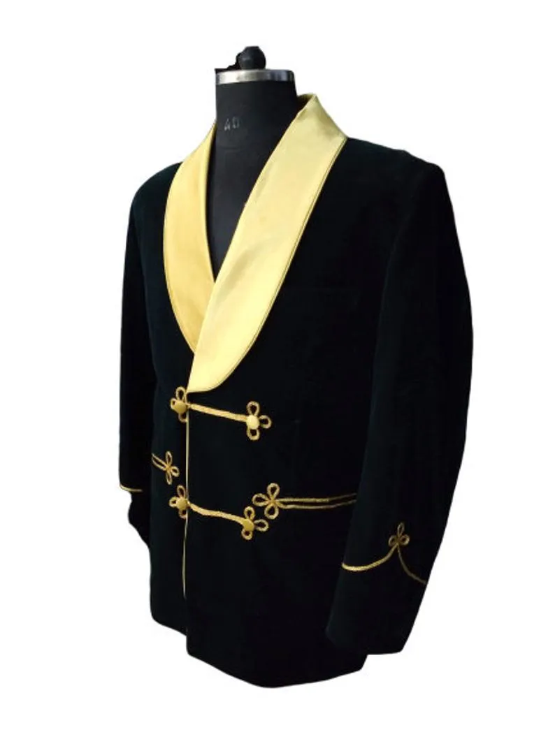 Men's Elegant Green Velvet Jacket with Gold Lapel Hosting Evening Party Wear Coat