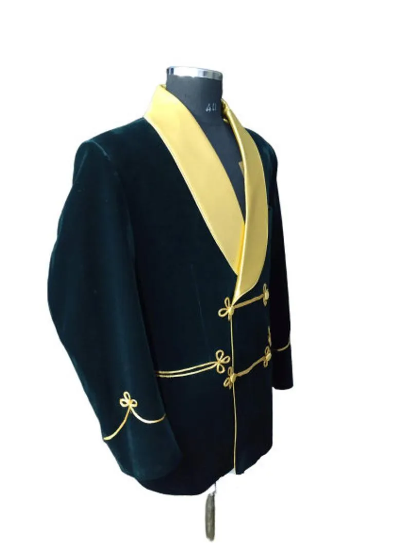 Men's Elegant Green Velvet Jacket with Gold Lapel Hosting Evening Party Wear Coat