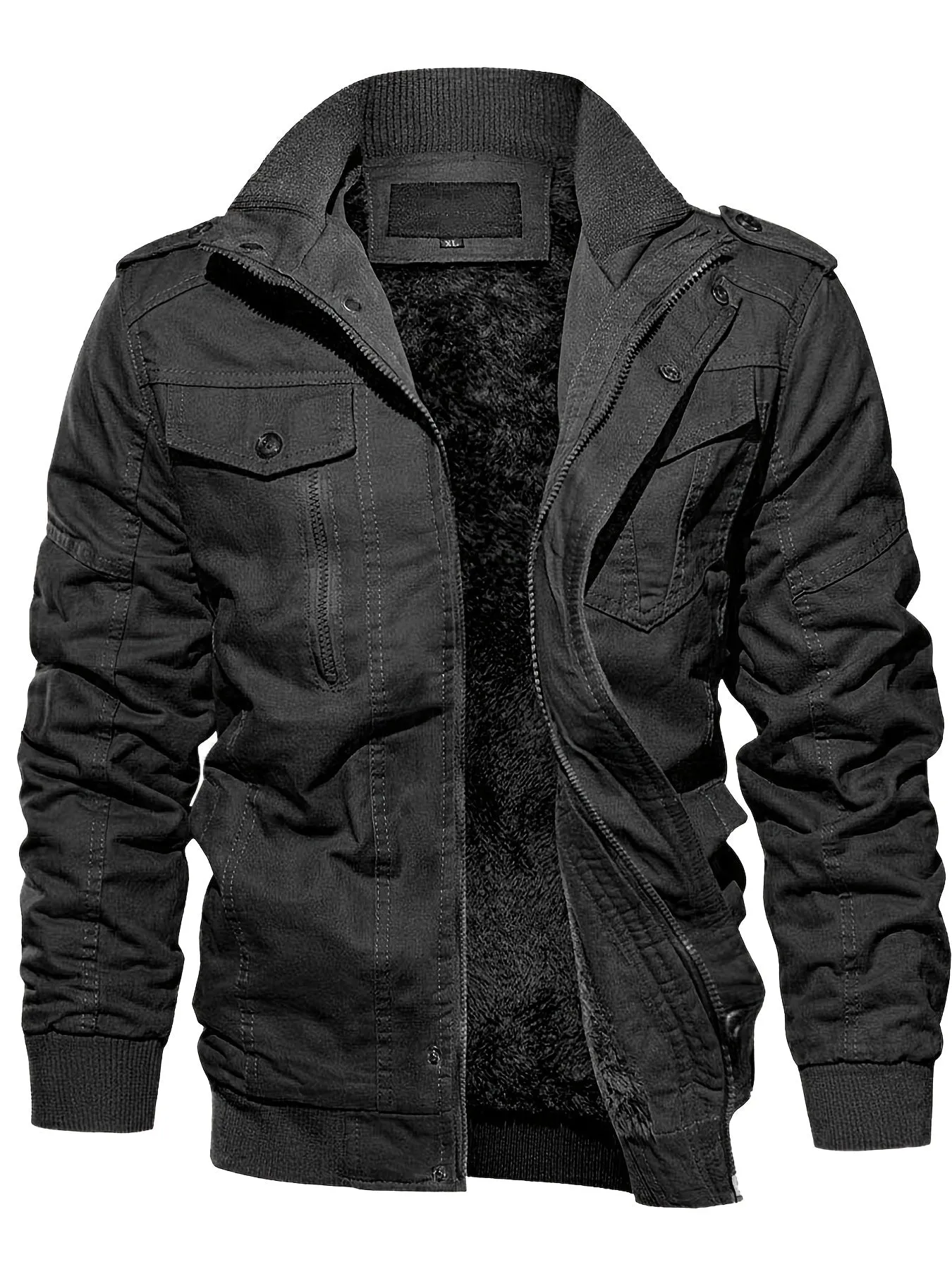 Men's Thick Thermal Jacket With Multi Pockets Zip Front Fleece Lined Cotton Jacket