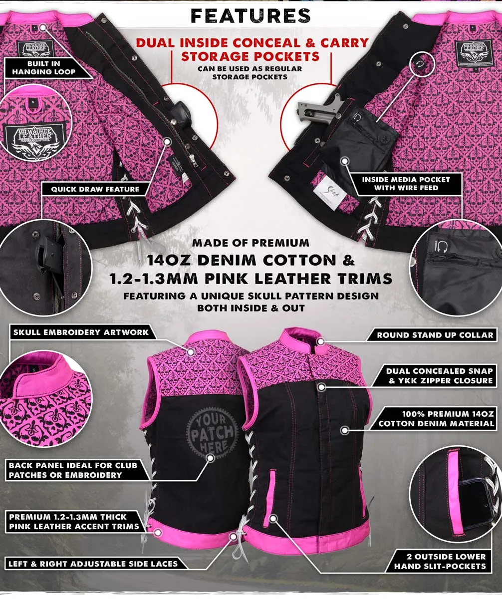 Milwaukee Leather MDL4051 Women's 'Skelly' Black with Pink Motorcycle Denim Vest w/ Skull Embroidery