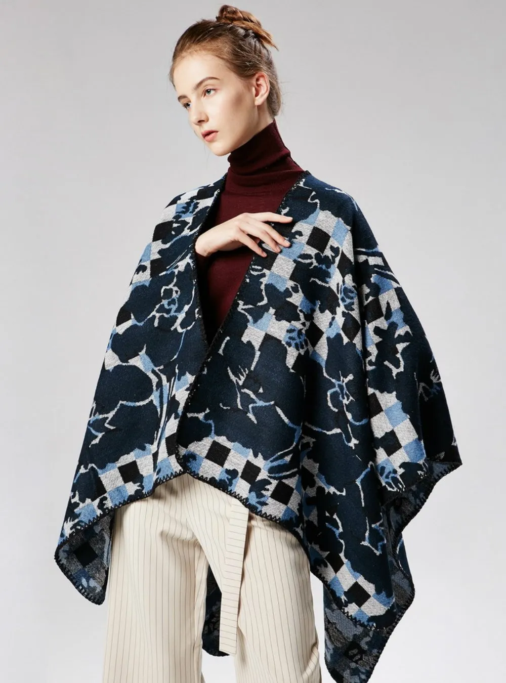 MOSAIC PATTERN CASHMERE SHAWL CAPE BOTH POSITIVE NEGATIVE