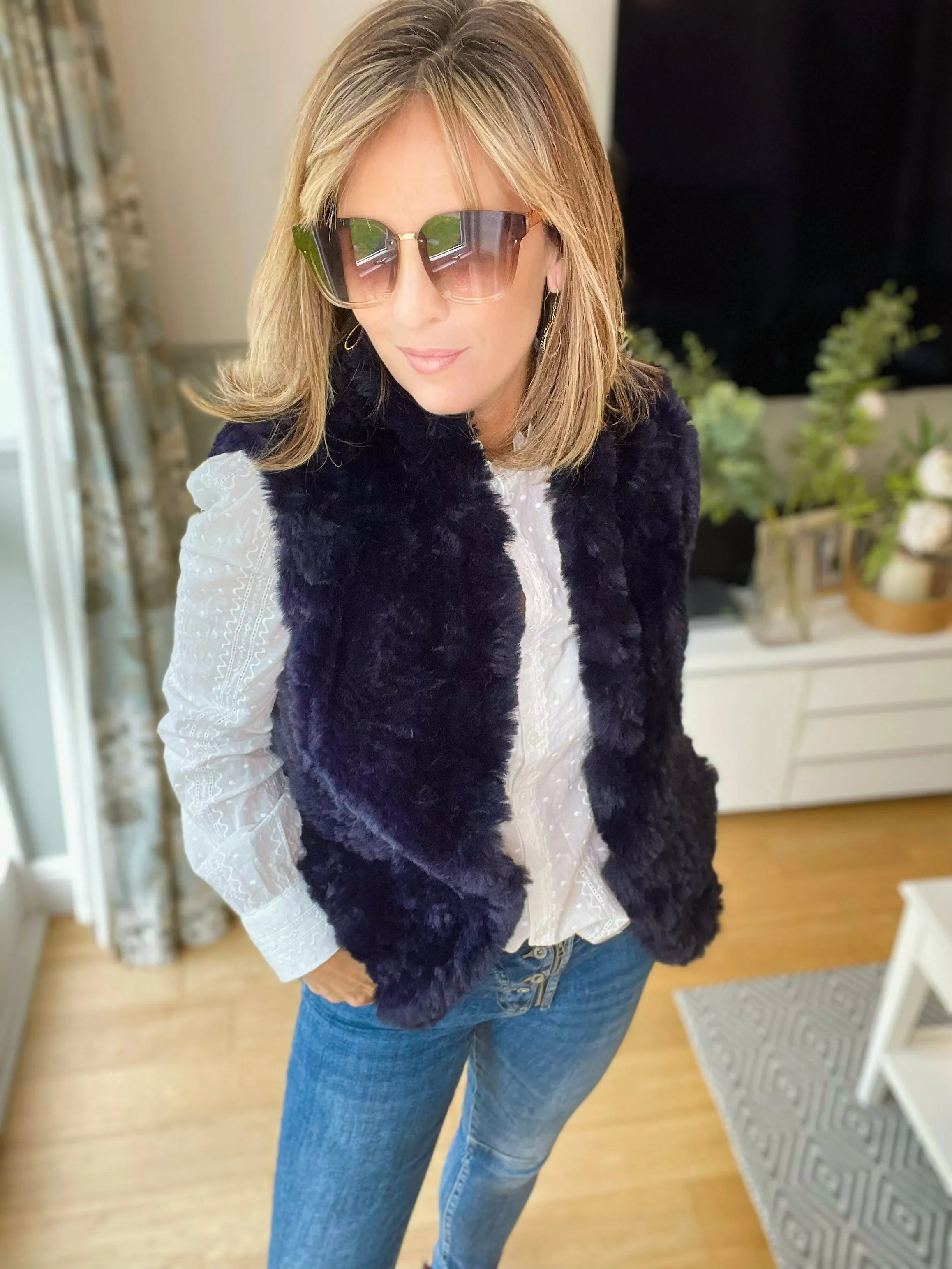 Navy Faux Fur Knitted Gilet