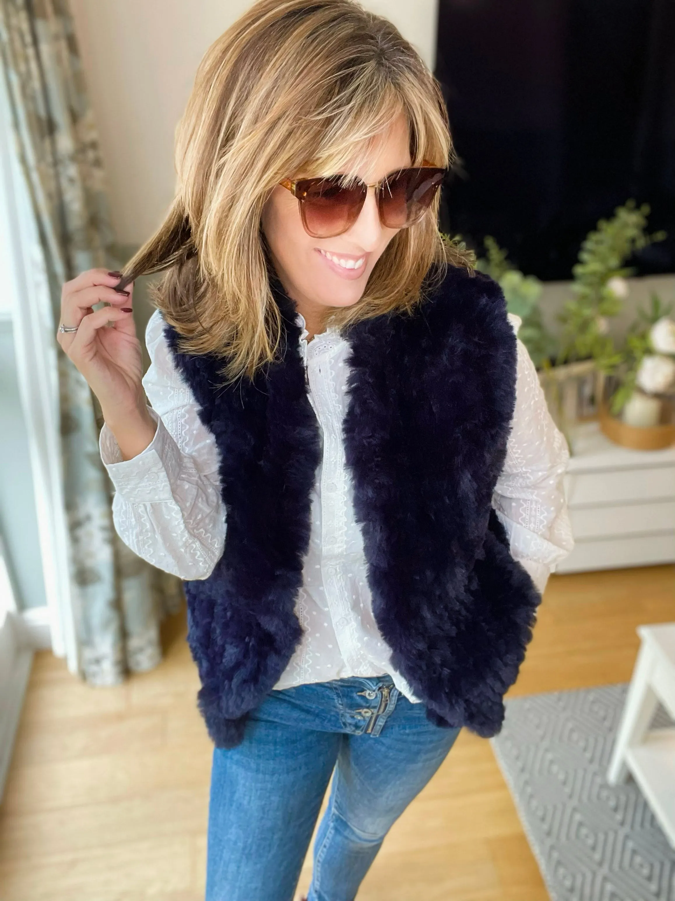 Navy Faux Fur Knitted Gilet