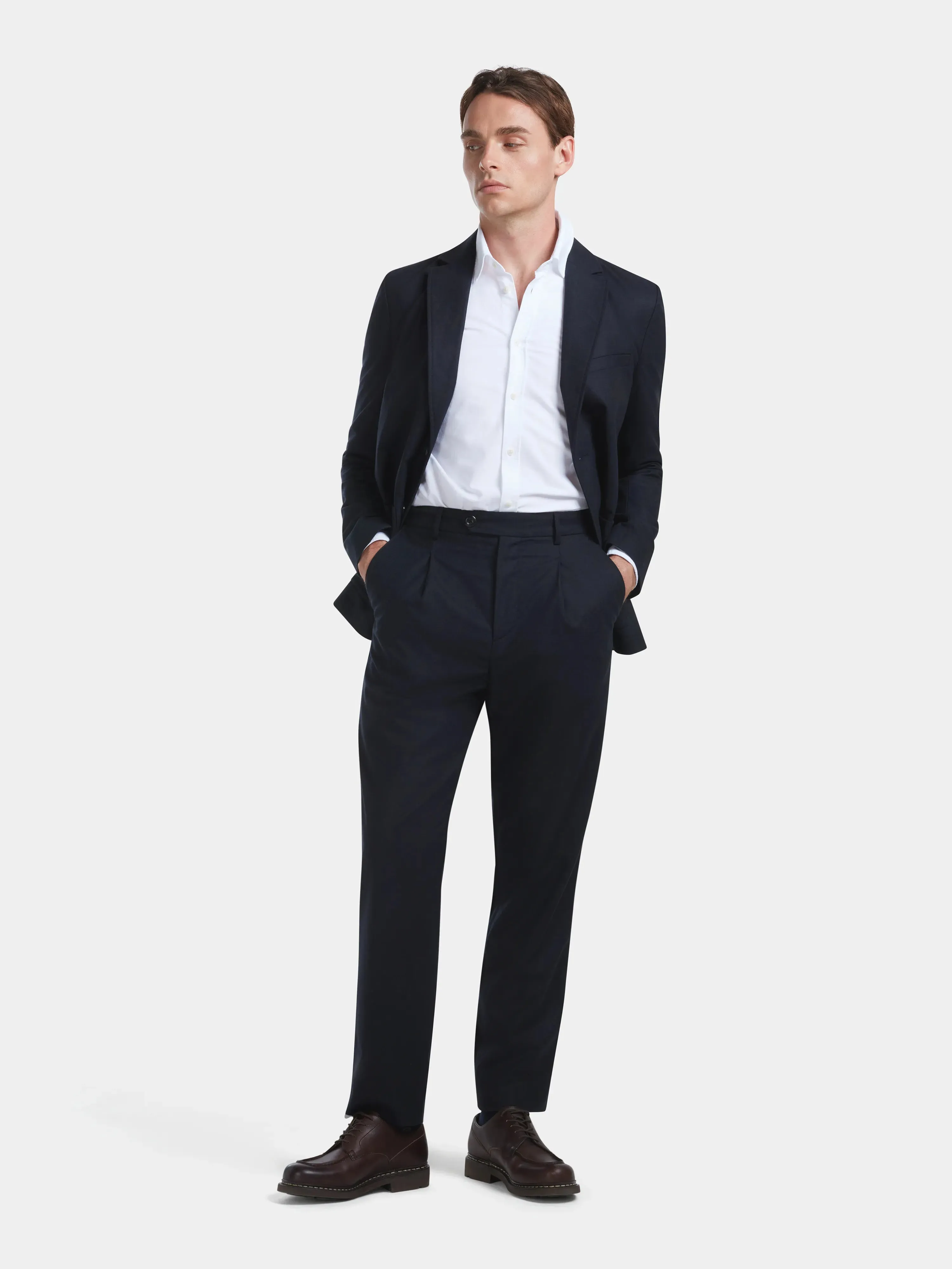 Navy Wool Cashmere High-Waisted Pleated Trousers