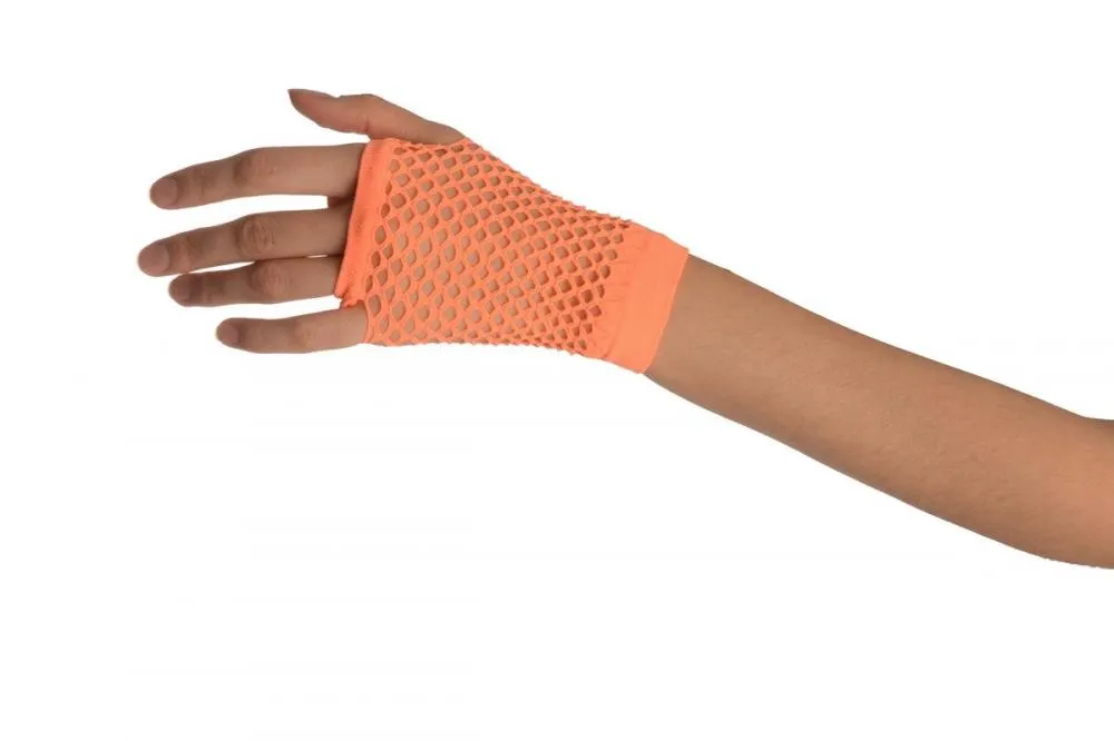 Neon Orange Fishnet Fingerless Party Gloves