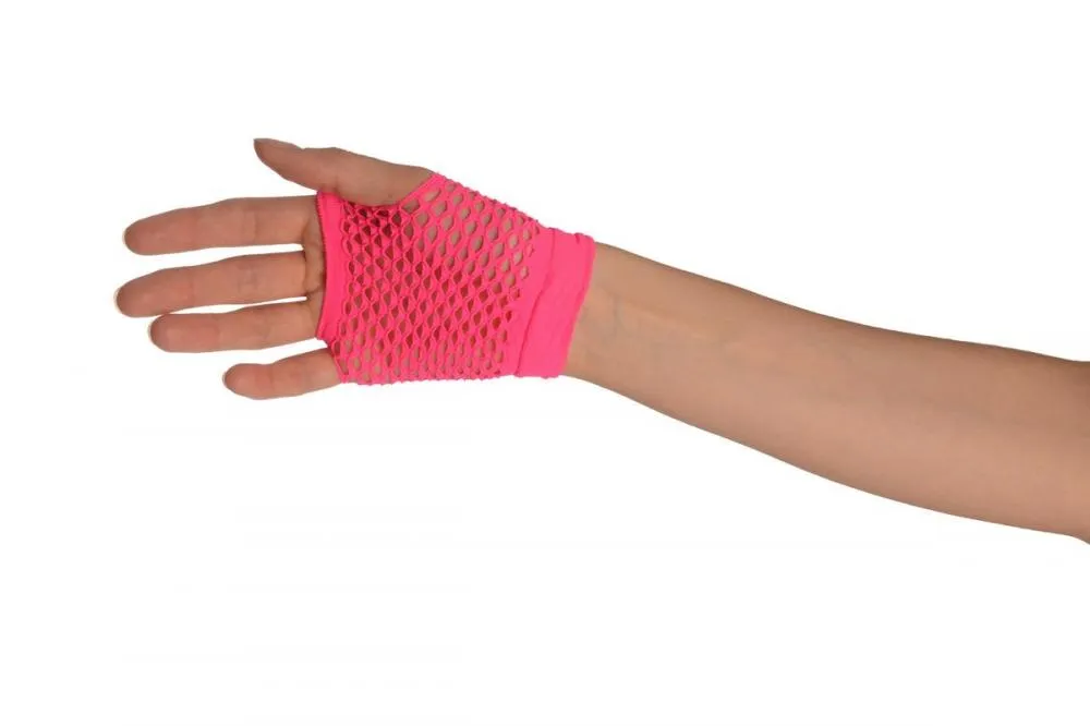 Neon Pink Fishnet Fingerless Party Gloves