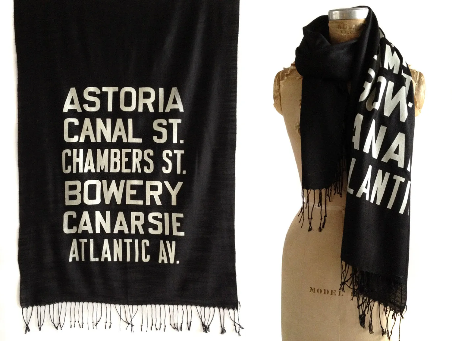 New York City Subway Scroll Sign Scarf. Astoria Queens linen-weave pashmina.