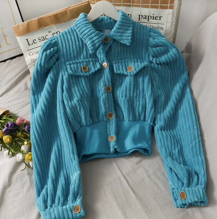 niche corduroy lapel collar crop jacket princess shoulder single-breasted suit bright color