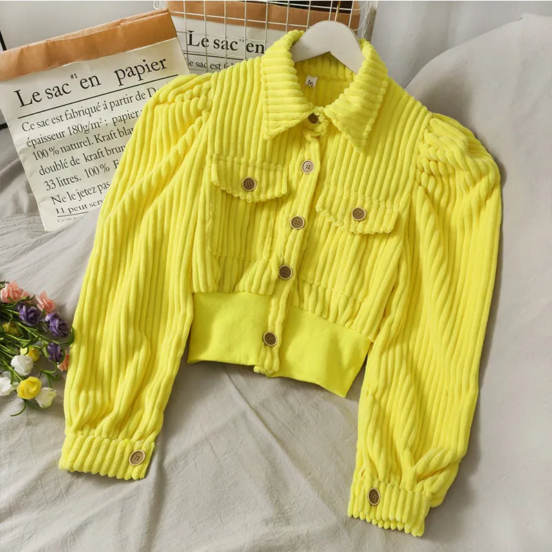 niche corduroy lapel collar crop jacket princess shoulder single-breasted suit bright color