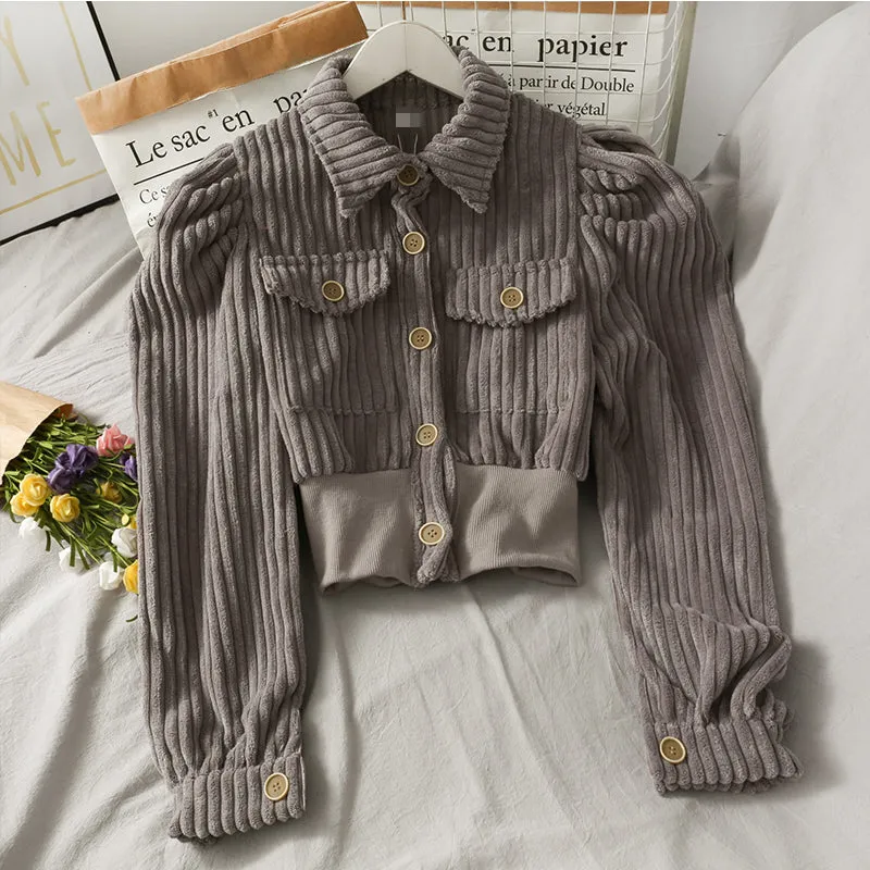 niche corduroy lapel collar crop jacket princess shoulder single-breasted suit bright color