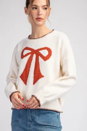 Oatmeal Bow Stitch Long Sleeve Sweater Top