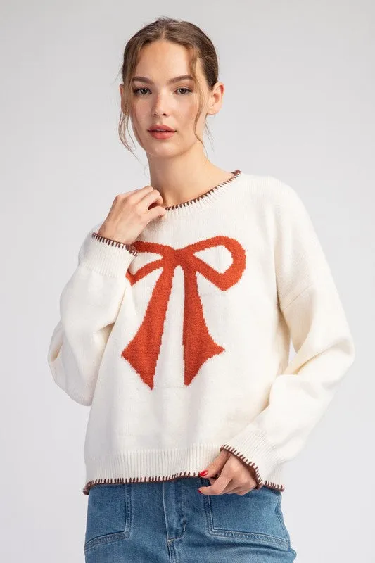 Oatmeal Bow Stitch Long Sleeve Sweater Top