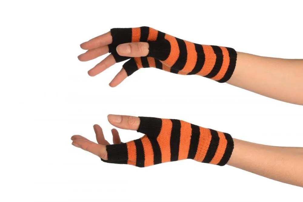 Orange & Black Stripes Short Fingerless Gloves