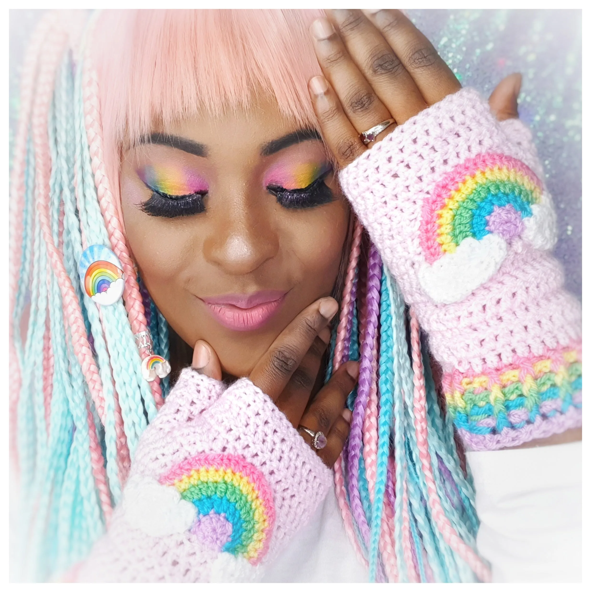 Pastel Rainbow Cloud Fingerless Gloves (Baby Pink)