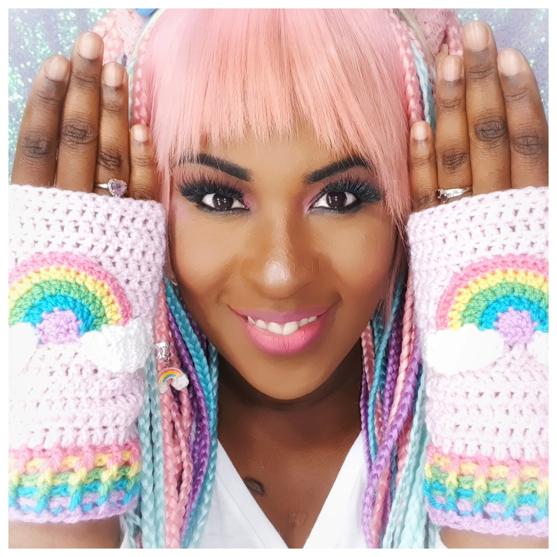 Pastel Rainbow Cloud Fingerless Gloves (Baby Pink)