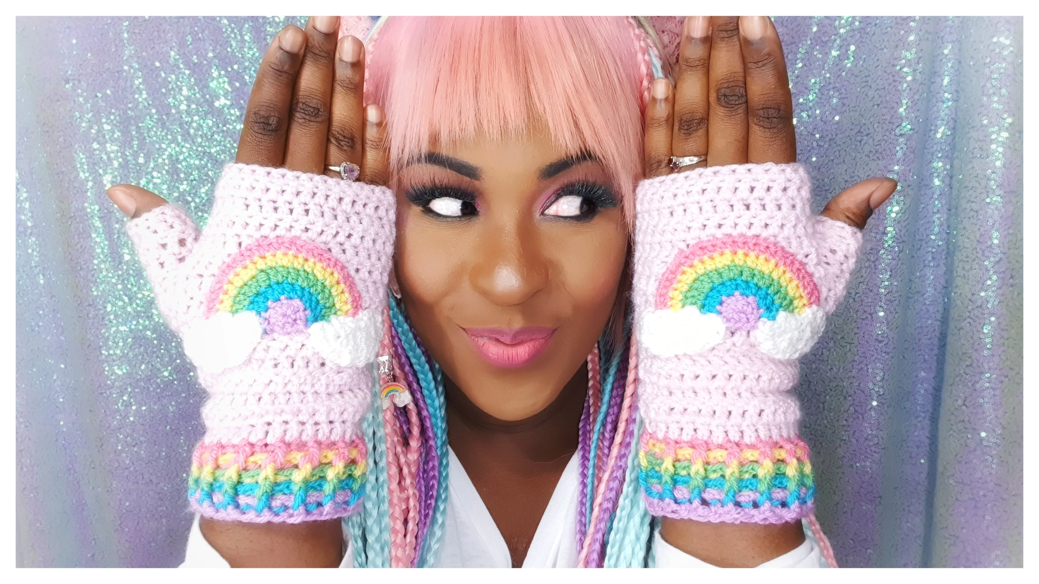 Pastel Rainbow Cloud Fingerless Gloves (Baby Pink)