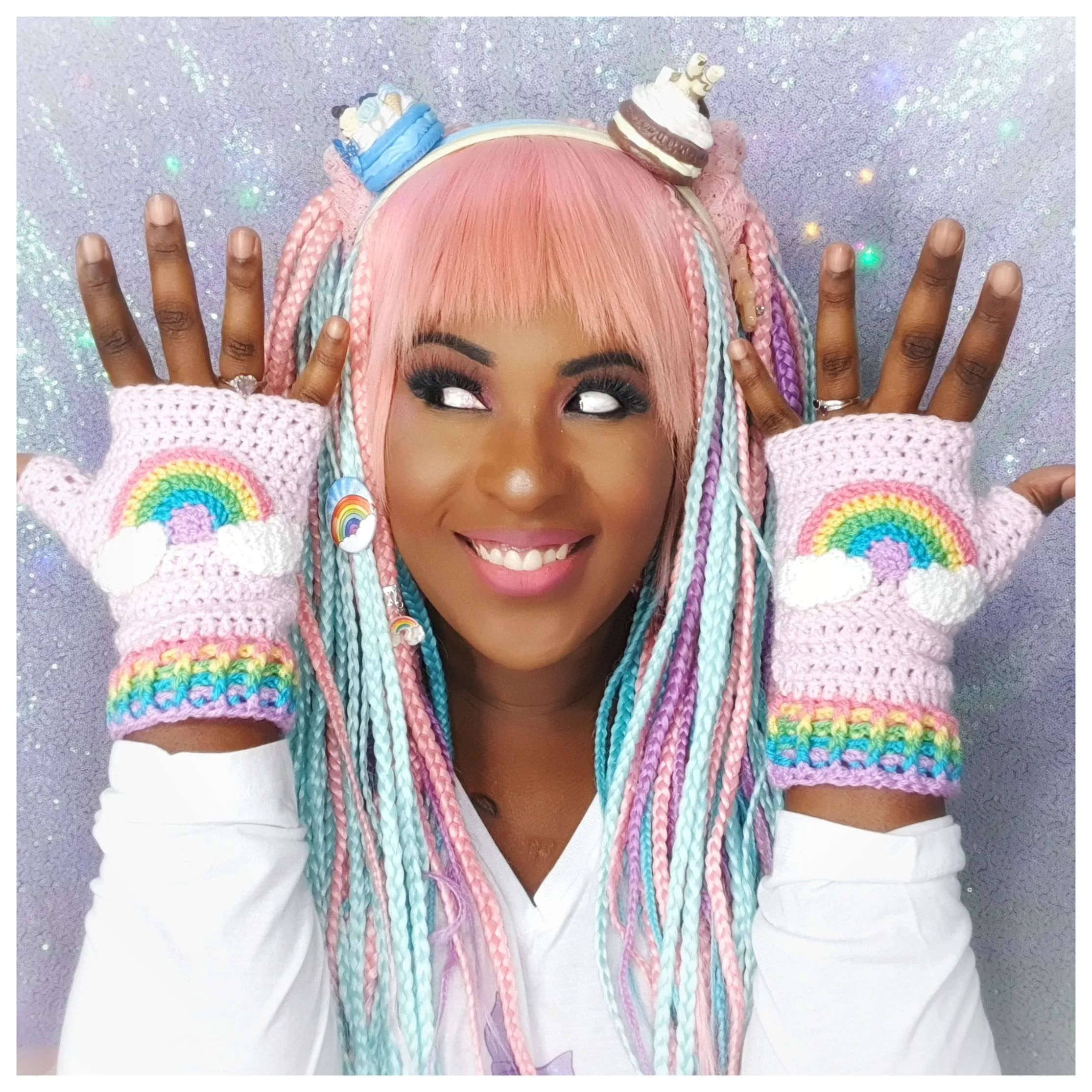 Pastel Rainbow Cloud Fingerless Gloves (Baby Pink)