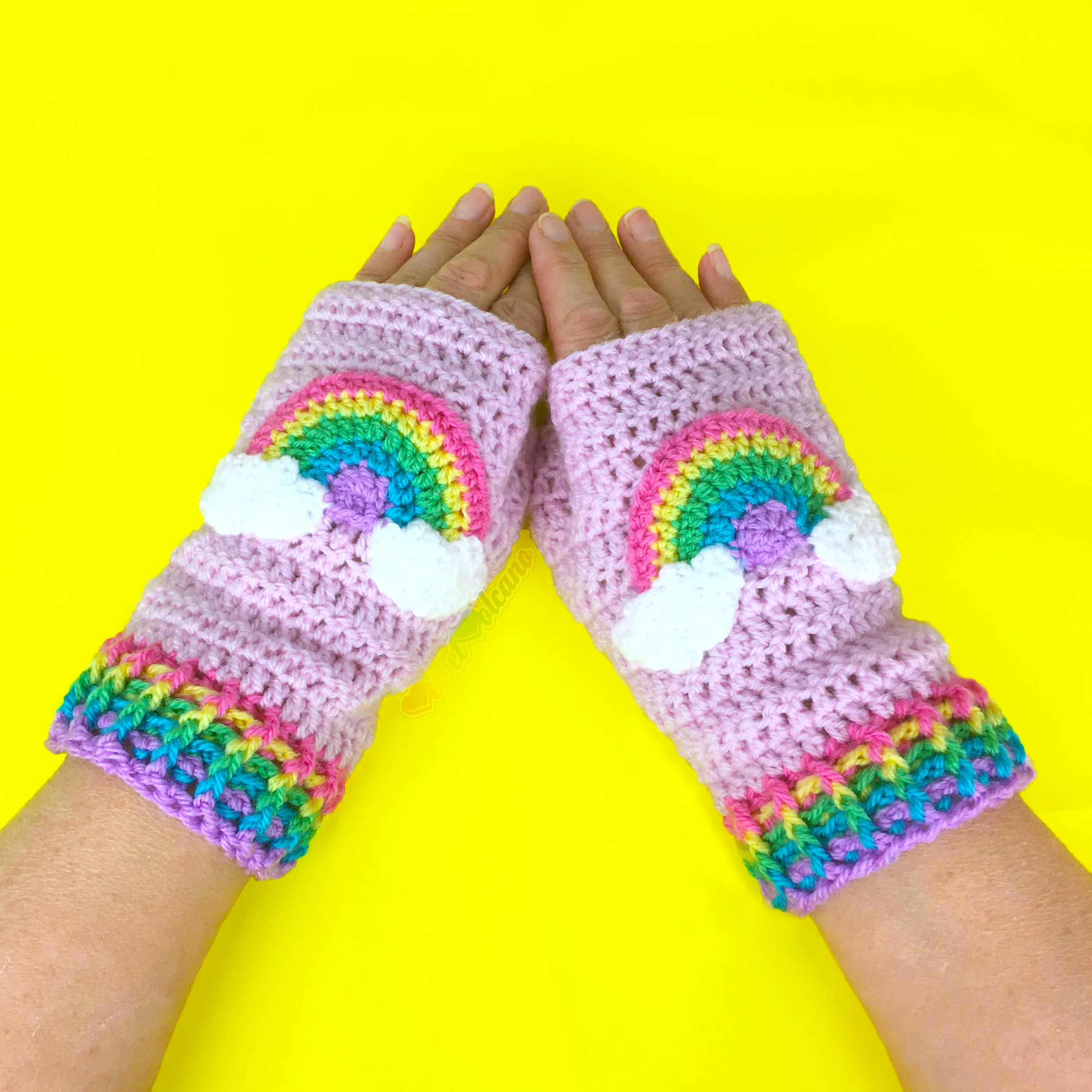 Pastel Rainbow Cloud Fingerless Gloves (Baby Pink)