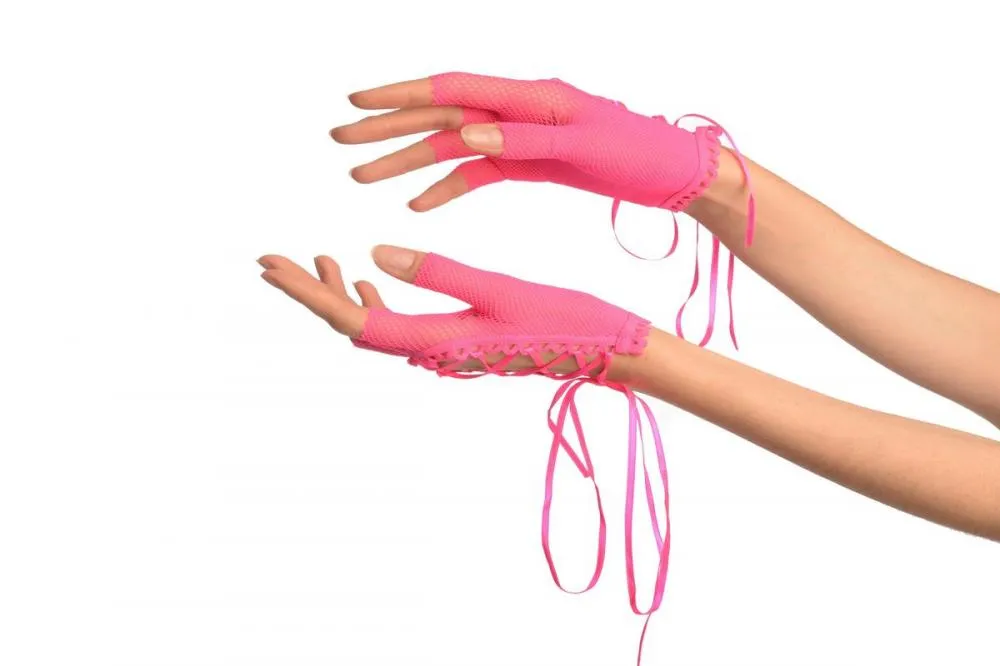 Pink Lace Up Fishnet Fingerless Gloves