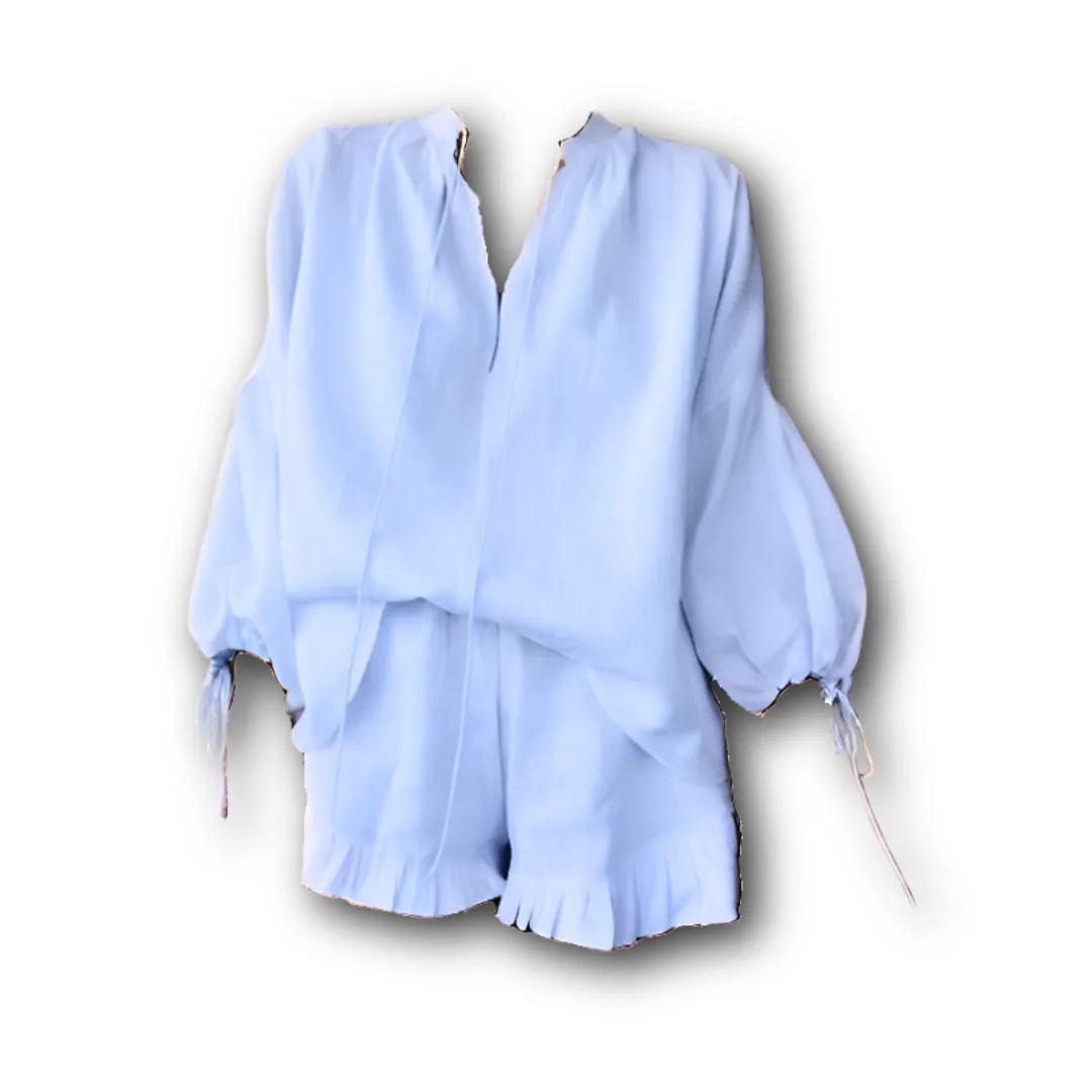 Pre Order:  Loose V-Neck Lantern Sleeve Shirt   Ruffled Shorts