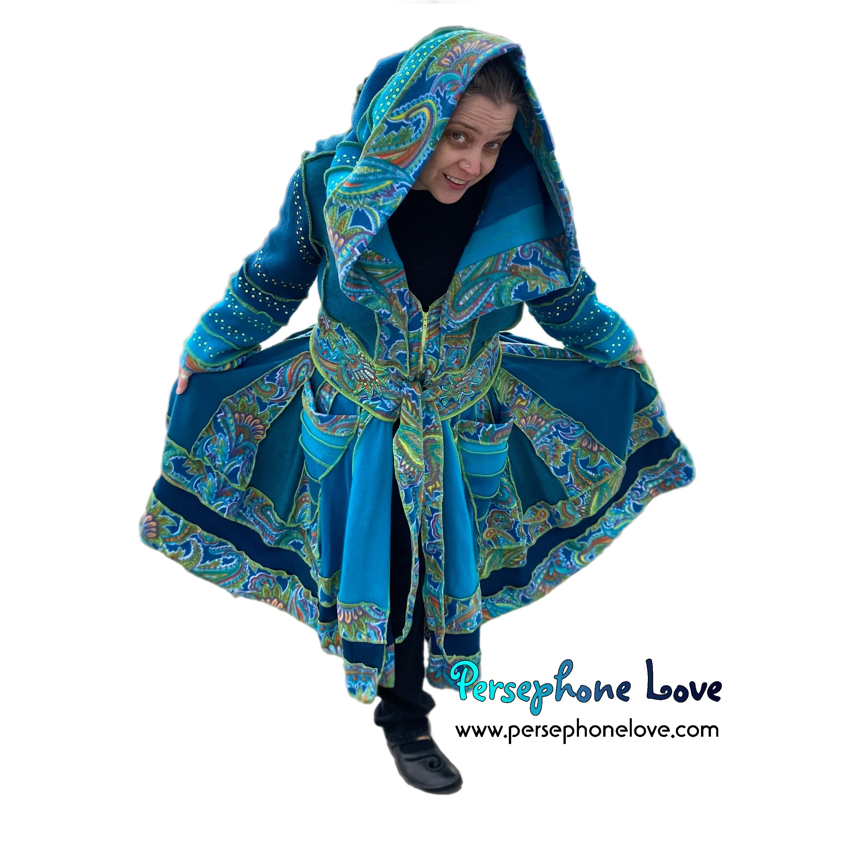 "Magic Dance" Teal Green Paisley felted cashmere/fleece Katwise-inspired sequin sweatercoat-2530 "Magic Dance"