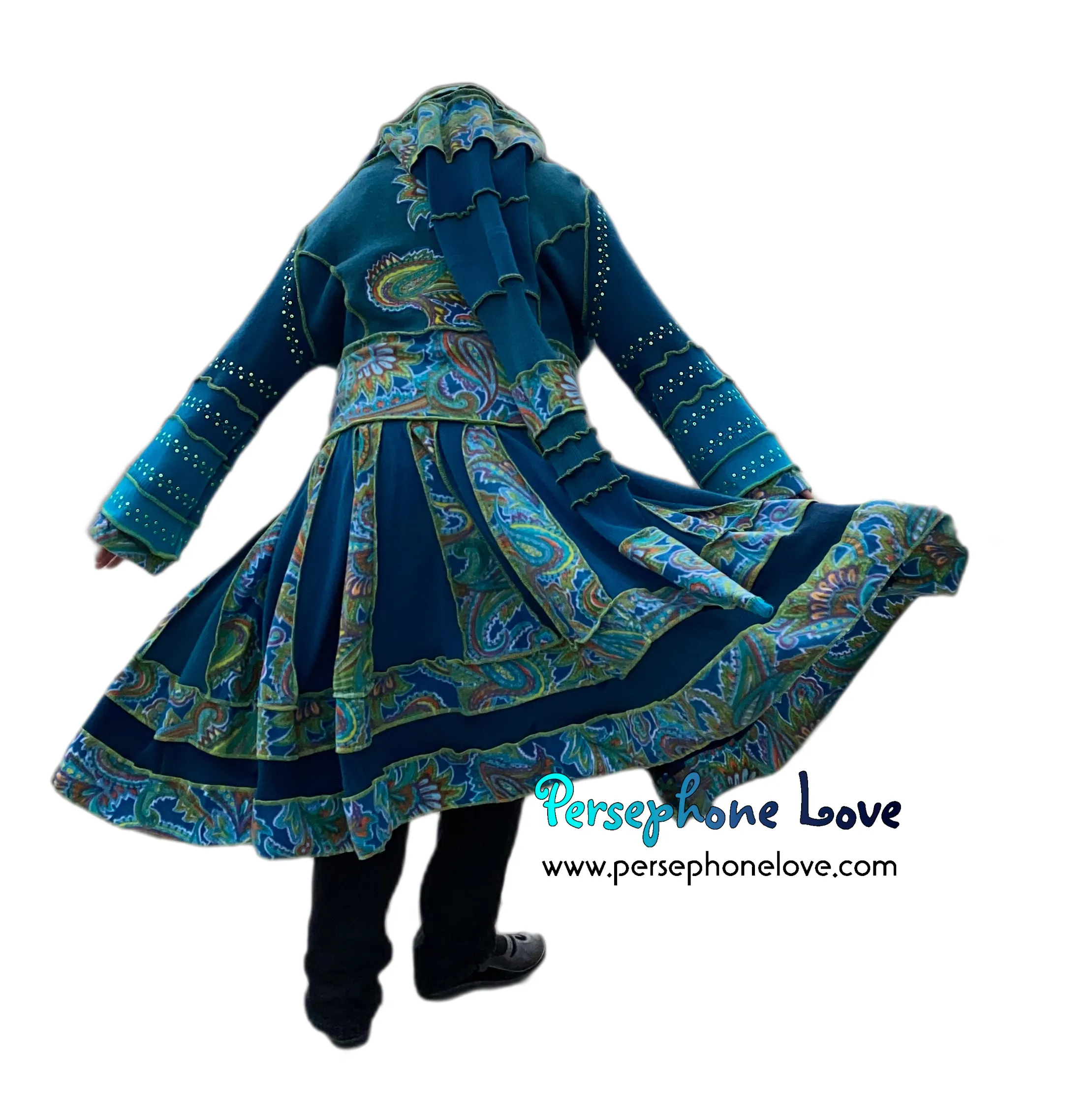 "Magic Dance" Teal Green Paisley felted cashmere/fleece Katwise-inspired sequin sweatercoat-2530 "Magic Dance"