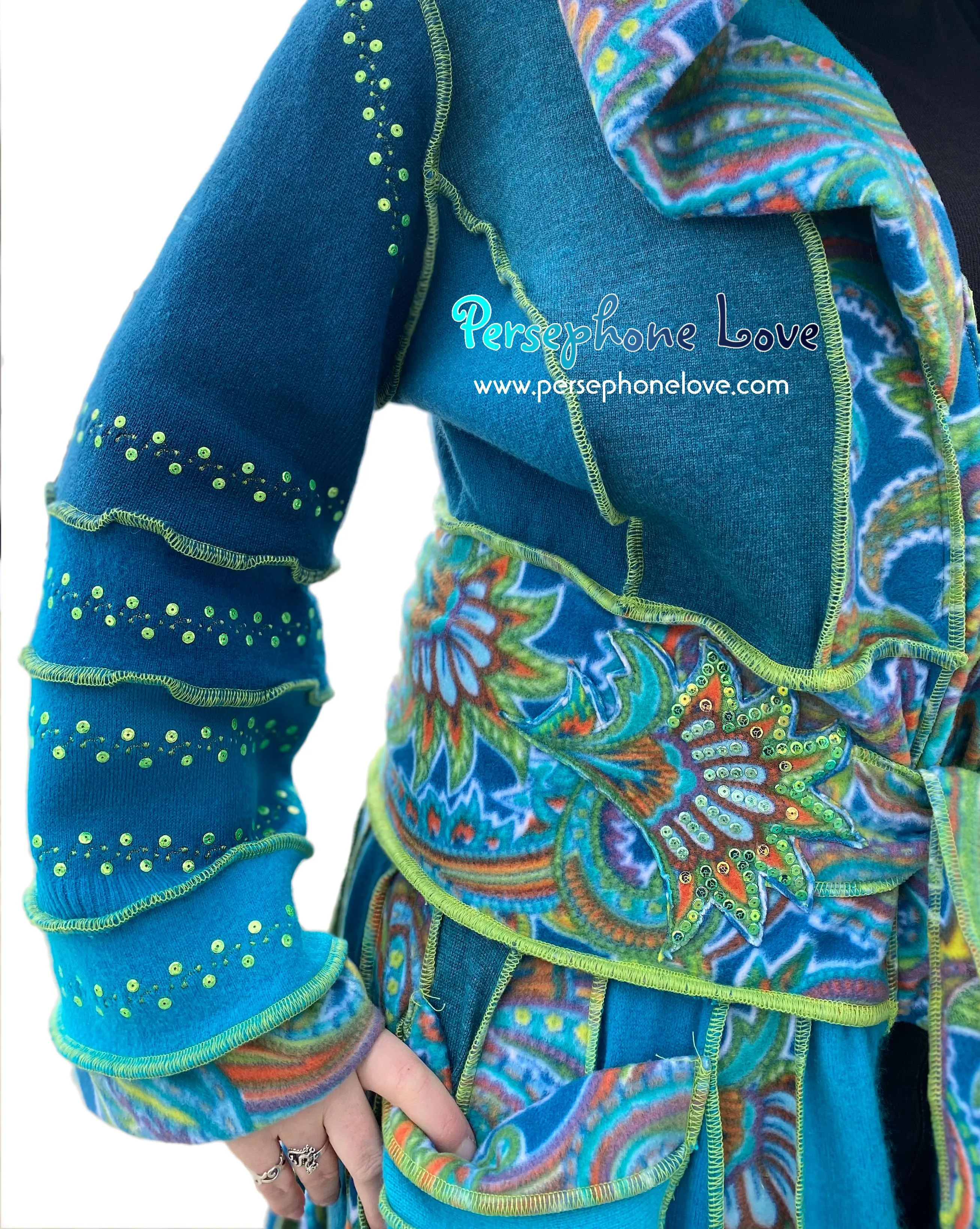 "Magic Dance" Teal Green Paisley felted cashmere/fleece Katwise-inspired sequin sweatercoat-2530 "Magic Dance"